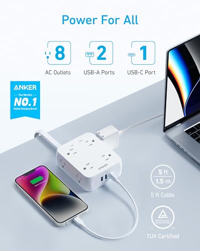 Anker Surge Protector Flat Plug Power Strip 2000J, 5ft Thin Extension Cord, 8 Outlets,2 USB A and 1 USB C Port,20W for iPhone15,Wall Mount,Compact for Home,Office,Room,TUV Listed
