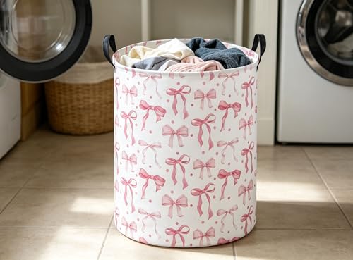 Image of Pink Laundry Basket Bow Hamper for Nursery Hamper Cute Storage Bin Room Decor for Home(Bow)