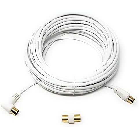 MainCore 10m long Right Angle TV/AV Aerial Antenna Coaxial Cable Lead with Coupler for TV, Satellite, UHF/RF TVs, VCRs, DVD players, DVRs, Boxes/Gold Plated Connectors/Plug to Plug Cover