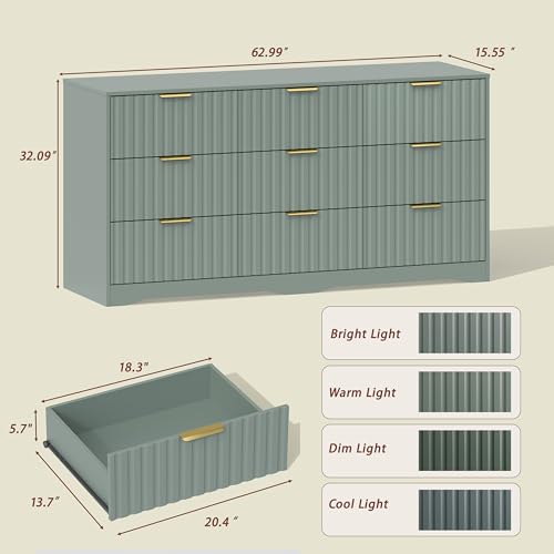 Image of Fluted 9 Drawer Dresser for Bedroom, 63 inch Wide Modern Wooden Chest of Drawers with Metal Handles, TV Stand & Closet Storage Organizer for Living Room,Hallway, Green