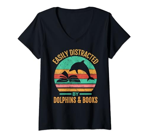 Easily Distracted By Dolphins & Books Retro Funny T-Shirt mit V-Ausschnitt