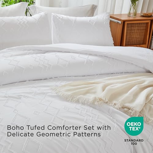 Image of Andency White Tufted Comforter Set King(104x90Inch), 3 Pieces(1 Tufts Comforter, 2 Pillowcases) Boho Textured Farmhouse Bed, Down Alternative Geometric Bedding Set