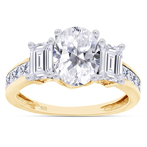 SAVEARTH DIAMONDS Three Stone Ring, Center 8X6MM Oval Cut With Baguette And Princess Cut Sparkling Cubic Zirconia Engagement Ring In 14k Gold Over Sterling Silver Jewelry For Women