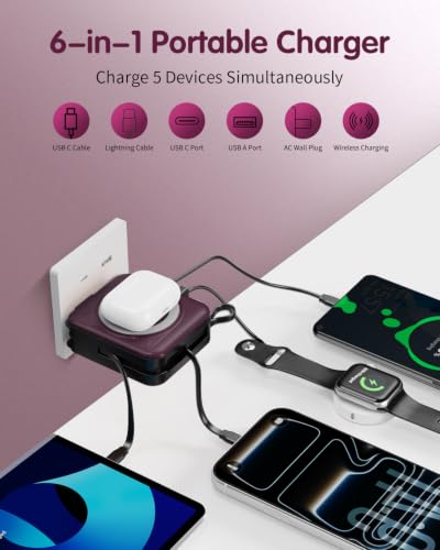 6-in-1 for Magsafe Portable Charger with Built-in Cables & Wall Plug,10000mAh Magnetic Wireless Power Bank,22.5W Fast Charging USB C Battery Pack,Travel Essentials for iPhone,Samsung,Android(Purple) - Image 4