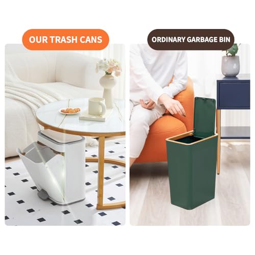 Image of Bathroom Trash Can with Lid, Plastic 3 Gallon Garbage can with Press top Lid, Gold Step Pedal Trash can, Narrow White Trash bin for Kitchen, Bathroom, Bedroom, Living Room, Office, Dog Proof Trash Can