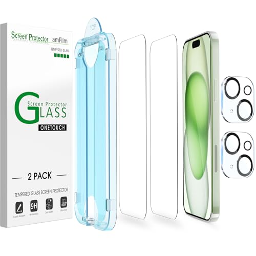 amFilm OneTouch 2+2 Pack for iPhone 15 Plus 6.7" Screen Protector Tempered Glass with Camera Lens Protector, Easiest Premium Installation Kit, Bubble Free, Case Friendly, 9H Hardness, Anti-Scratch