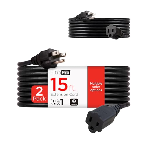 UltraPro Outdoor Extension Cord, 15 Ft, 3 Prong Outdoor Heavy Duty Extension Cord, Multipurpose, 16 AWG 125 VAC, UL Certified, 2 Pack, Black, 46865