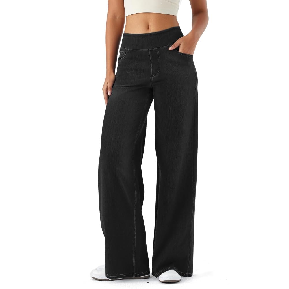 Jeans Mujer Stretch de Pierna Ancha y Recta Tiro Alto Estilo Baggy Moderno Pantalones Casual Efecto Moldeador con Bolsillos Ajuste Suelto mujeres/C/L