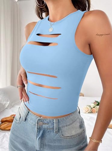 Image of LovelyWholesale Women Sexy Cut Out Crop Tank Tops Crew Neck Summer Sleeveless Top