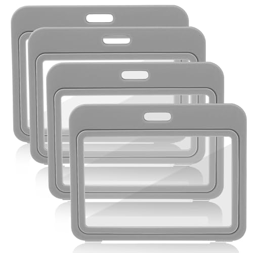 4 Pack Horizontal ID Badge Holder Double Sided Badge Holder Waterproof Hard Plastic Badge Holder Transparent Name Tag Holder Card Protector for Office Employees Exhibition Card Grey