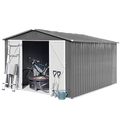10 x 12 FT Metal Storage Shed for Outdoor, Steel Yard Shed with Design of Lockable Doors, Utility and Tool Storage for Garden, Backyard, Patio, Outside Use, Grey