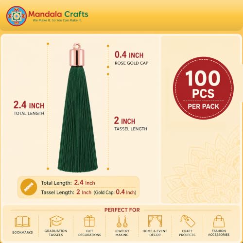 Image of Mandala Crafts Rose Gold Tone Cap Forest Green Bookmark Tassels with Loops