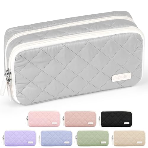 Image of Sooez Large Pencil Case Pouch, Extra Big Pencil Bag with 8 Compartments, Pen Bag Wide Opening, Soft Quilted Pencil Pouch Organizer with Zipper, Portable Pencil Case for Teen Girls, Light Gray
