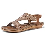 TEMOFON Flat Sandals Women Wedding: Open Toe Elastic Ankle Strap Rhinestone Sandals Woman - Summer Dressy Flat Brown Size 8 Comfortable Walking Non Slip Shoes