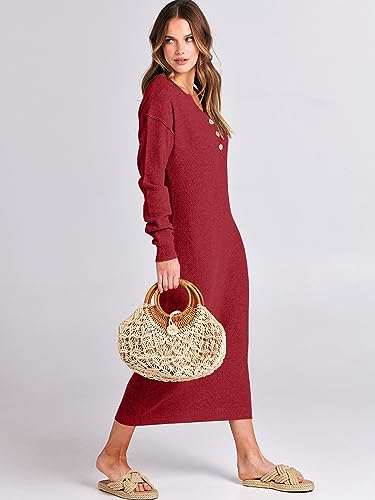 Image of ANRABESS Women Long Sleeve Button V Neck Oversized Casual Loose Fit Waffle Knit Fall Midi Sweater Dress 2026 Trendy Outfits