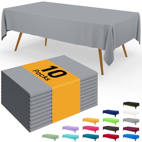Image of Smiry Disposable Table Cloth - 10 Pack, 54 x 108 Inch Waterproof Rectangle Tablecloths for Parties, Decorative Plastic Table Cover, Leakproof & Sturdy, Grey