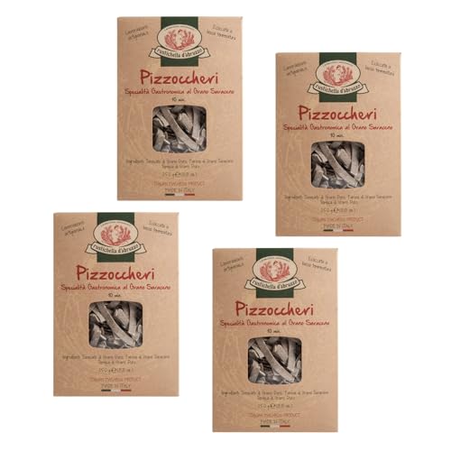 Rustichella d'Abruzzo | Pizzoccheri Grano Saraceno | Pasta Lavorazione Artigianale con Grano Saraceno - 4 x 250 Gr | Pasta Essiccata Lenta Bassa Temperatura