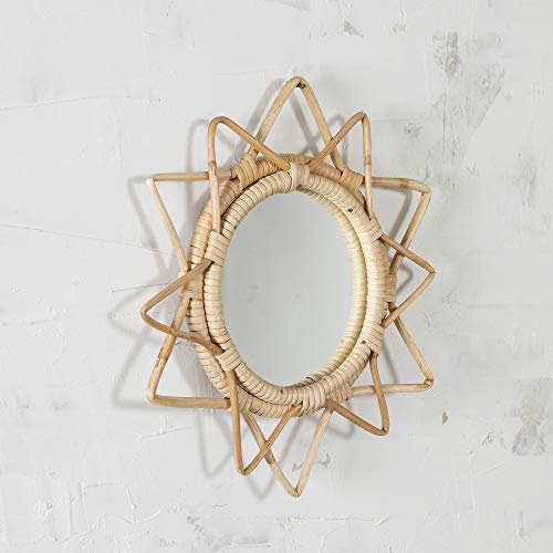 Madhu International Sunburst Rattan Mirror, Bohemian Hanging Glass Decor, Rustic Wicker Rattan Wall Decor With Mounted Frame For Living Room, Bed Room, Bathroom, Corridor, And Entryway, Diameter 12" #TOP6