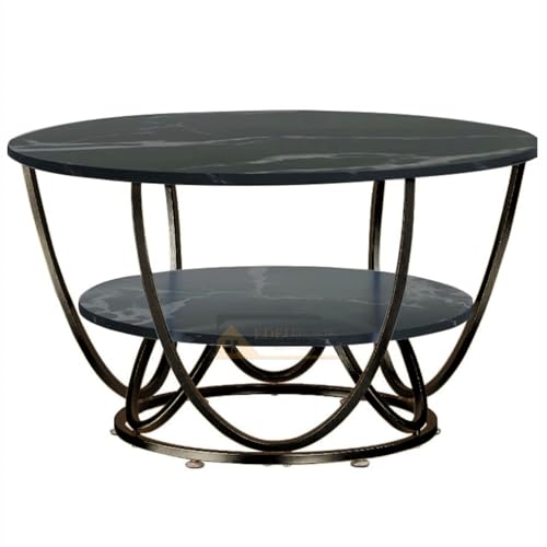 Image of OFHEQEUWIN Round Coffee Tables Accent Center Table Sofa Side Tea Table with 2-Tier Storage for Living Room Office Desk Balcony Wood Desktop and Metal Legs (Full Black)