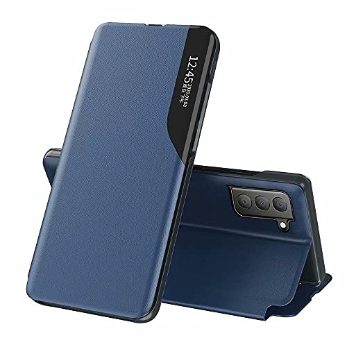 YIKLA Smart View Hülle für Samsung Galaxy S21 FE, Premium Leder Handyhülle mit Stilvoll Spiegel Sichtfenster Fenster, Klappbarer Ständer Schutzhülle - Blau Cover