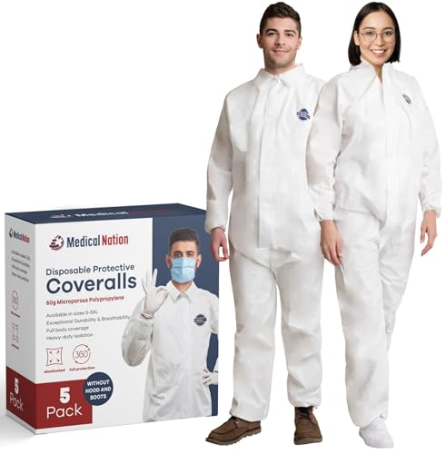 Hazmat Suit Coveralls with Hood, 5 Pack, Medium