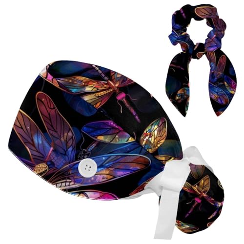 Vcedizo Colorful Ddragonflies Pattern Working Cap with Button & Sweatband Adjustable Tie Back Hat Nurse Surgical Cap