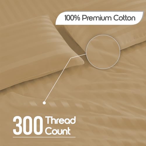 Image of LINENWALAS Cotton 300 Thread Count King Size Bedsheet Set | 2 cm Sateen Stripe Design | Cloud-Soft, Breathable & Skin-Safe | Oeko-TEX Certified Hotel-Style Bedding (108 x 108, Beige)