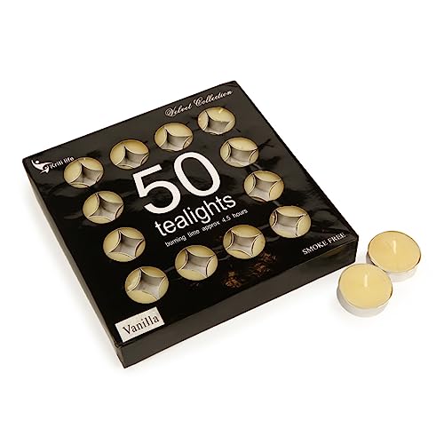 Image of Kriti Life Vanilla Scented Tealight Candles - 100% Paraffin Wax, Smokeless, Long Burn Time (4.5 Hours), Dripless Yellow Candles for Home Decor, Diwali, Weddings & Meditation - Set of 50