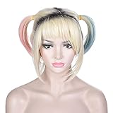 Morvally Short Blonde Dark Roots Synthetic Hair Wig with Two Pink and Mint Green Pigtails Wig for Cosplay Costume Halloween