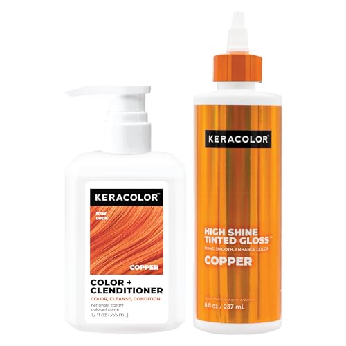 Keracolor Color + Clenditioner & High Shine Tinted Gloss Bundle, Copper, Color-Depositing Conditioner & In-Shower Hair Glaze, Keratin-Infused Hair Color Care Set, 12 Fl Oz & 8 Fl Oz