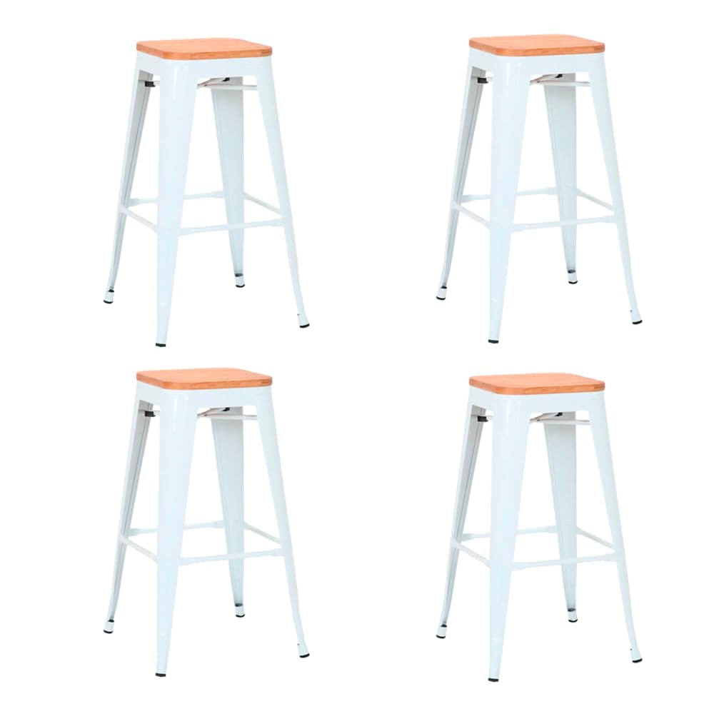 EME Pack 4 Taburetes Alto Metálico con Asiento Madera de Acero Galvanizado. Taburete Apilable de 76x43x43cm Ideal para Usar en Interior y Exterior. Incluye 4 Unidades. (Blanco)
