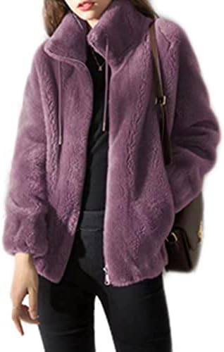 ZY-Wisdom Women's Fashion Long Sleeve Lapel Zip Faux Wool Oversized Coat Jacket (Bean Paste Purple Large)