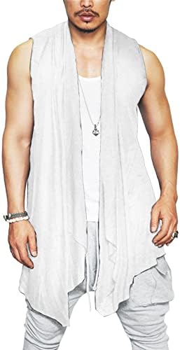 Coofandy Mens Ruffle Shawl Collar Sleeveless Long Cardigan Vest, White, Large