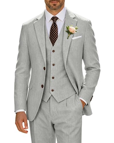 High-End Suits Men Gray Linen 3-Piece Slim Fit Suit Men's Formal Casual Blazer Pants for Groomsmen Beach Wedding Office Blazer L