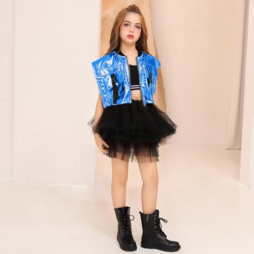 Image of Perfashion Girls Vest Cropped Cargo Metallic Jacket Buckle Zip Up With Pockets Streetwear Outfit 4-13Y