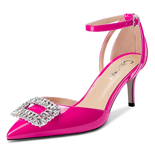 Castamere Women Mid Stiletto Heel Pointed Toe Ankle Strap Pumps Diamond Crystal 2.6 Inches Heels