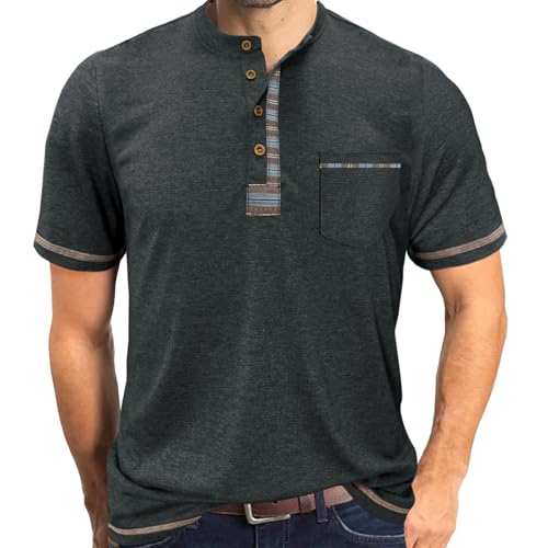 LAOARA Tee Shirt Homme Tshirt Manches Courtes Col V Tunisien Henley Ete avec Poche Boutons Top Gris 2XL