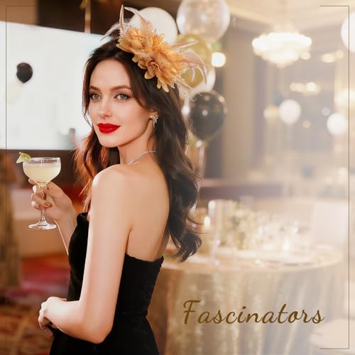Image of DRESHOW Womens Fascinators Hats Tea Party Hats for Women Pearl Lace Feather Hat Vintage Derby Hats for Wedding Cocktail