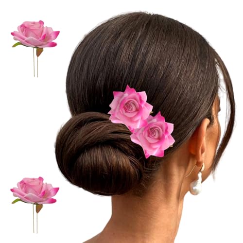 Image of Hair Flare Artificial Plastic & Metal Rose Flower with An Abundance of Petals Design Hairpin /Hair Clip /Judabun | Bridal Hair Accessories, Wedding, Festival for Women & Girls - 2700, Set of 2