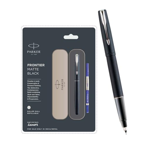 Image of Parker Frontier Matte Black Chrome Trim Roller Ball Pen| Ink Color - Blue | Perfect for Corporate Use | Elite Pen for Professionals