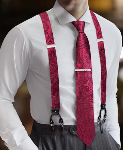 Image of Barry.Wang Men Suspender Set with Necktie Elastic Y Type Heavy Duty 6 Clips Braces Tie Handkerchief Cufflink Pin 6PCS
