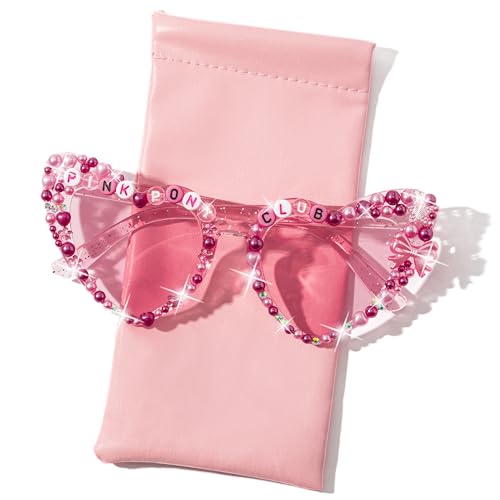 PANTIDE Pink Pony Club Sunglasses - Western Cowgirl Pearl Heart Shaped Sunglasses, Bachelorette Party Birthday Accessories Bach Gift Pop Concert Outfit for Women Girls (Pink)