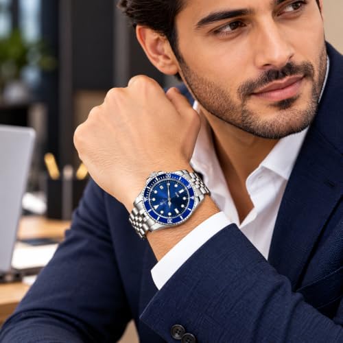 Image of ALNA-TURA Luxury Men's Analog Watch Stainless Steel Bracelet Black Dial Date Display Stylish Wrist Watch for Men Birthday Wedding Gift
