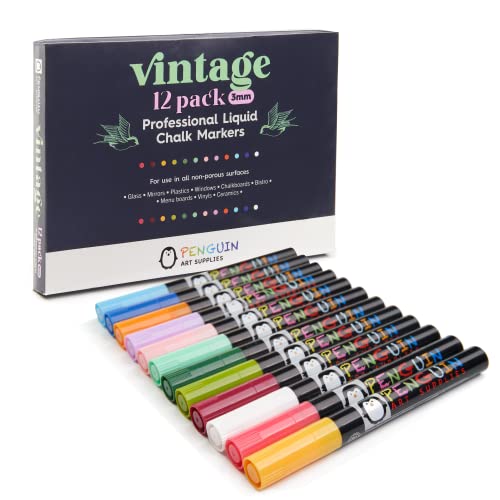 Image of Liquid Chalk Markers Set of 12 Vintage Colors - 3mm Fine Tip Chalk Markers with Bonus 30 Chalk Stickers - Erasable Pen with Reversible Tip for Mason Jars, Windows, Glass, Labels, Whiteboards