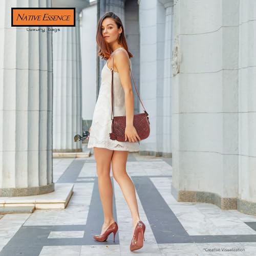 Genuine Leather Crossbody Bags for Women, Hand Woven Cognac Brown Sling Bag, Designer Trendy casual office bag Soft Square Weave braided Boho Vintage Saddle Purse with Adjustable Strap3