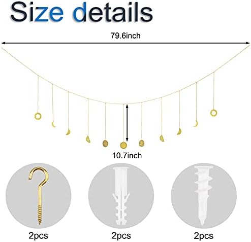 INCREWAY Moon Phase Decor Wall Hanging, 79.6" Handmade Hammered Metal Moons Garland Decor, Bohemian Art Gold Moon Cycle Banner Aesthetic Lunar Wall Decoration for Bedroom Living Room