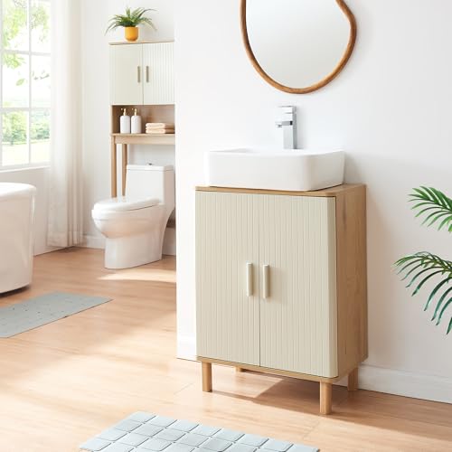 [en.casa] Meuble sous-Vasque Meuble sous Lavabo avec 2 Portes à Façade Rainurée 3 Étagères Découpe Siphon pous Salle de Bain MDF Bois de Pin 80 x 60 x 35...