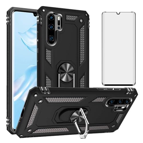 Huawei P30 Pro Case with Tempered Glass Screen Protector, Ring Stand, Rugged Magnetic Silicone Cover – Black