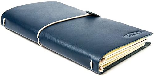 EASEASE Handmade Travelers Journal Notebook with Elastic Band, Leather, Refillable, Navy Blue. (Travelers Journal Notebook)