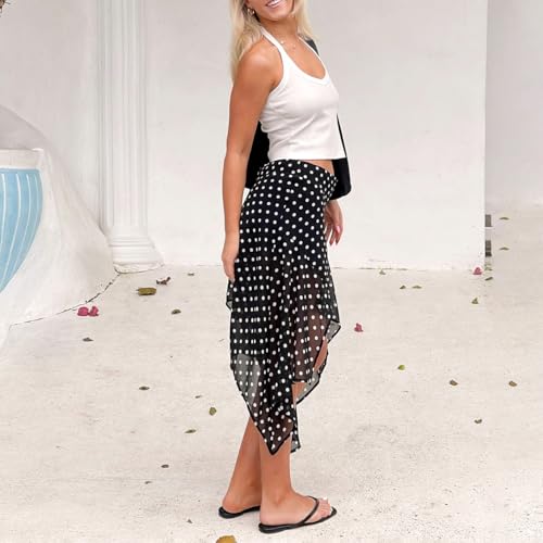 Women Polka Dot Asymmetrical Midi Skirt Mid Rise Sheer Mesh Skirts Summer Skirt Black and White3
